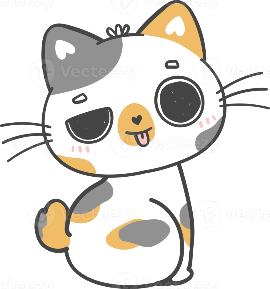 cute playful calico Japanese bobtail kitten cat cartoon doodle hand drawing png