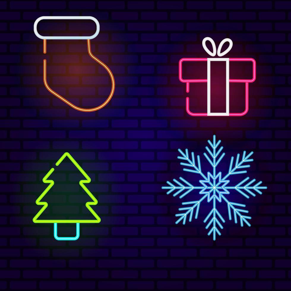 Christmas neon lights icons vector