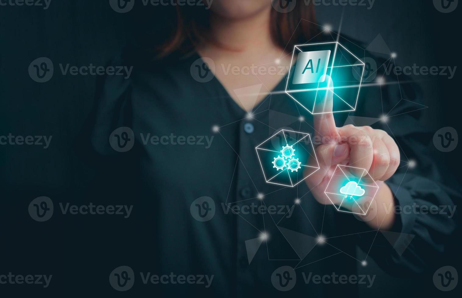 AI technology, artificial intelligence and innovation concept. Woman's hand touching virtual screen photo