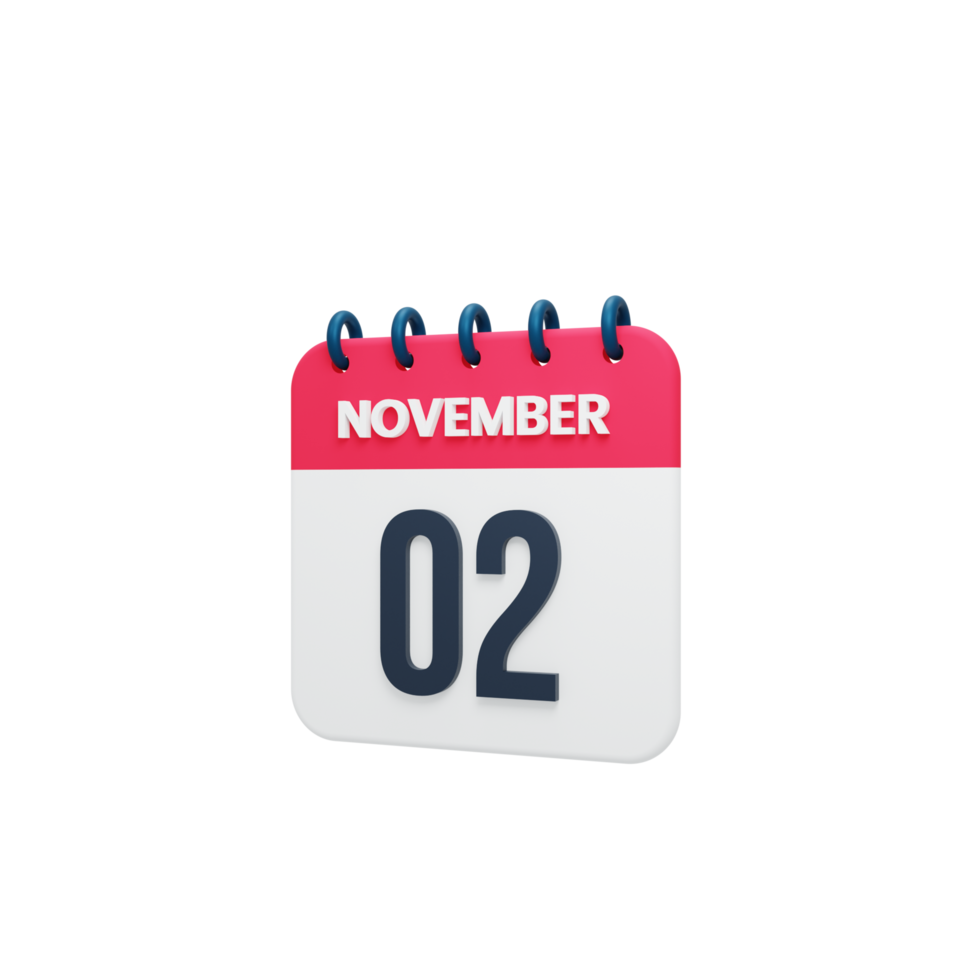 novembre calendrier réaliste icône 3d rendu date 02 novembre png