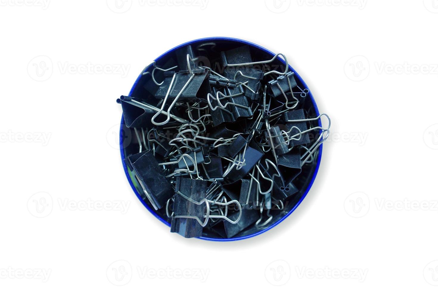 Binder clip black with various sizes collected in one big can. photo