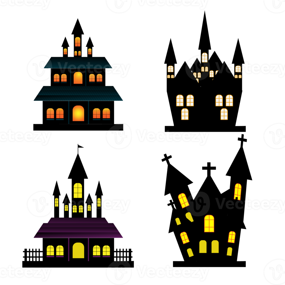 set scary haunted house on transparent background. Yellow Halloween haunted house silhouette design. Design for Halloween events. png