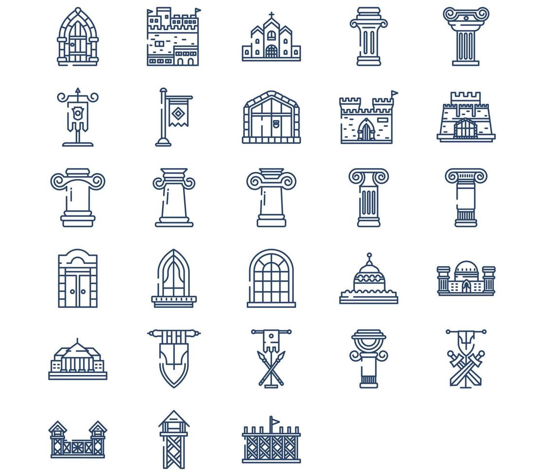 conjunto de iconos de arquitectura y castillo medieval vector