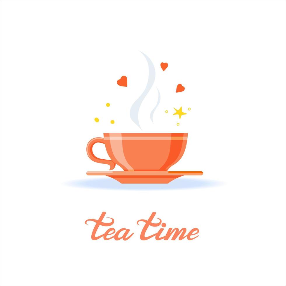 taza de té con corazones y estrellas en el vapor. letras de la hora del té vector