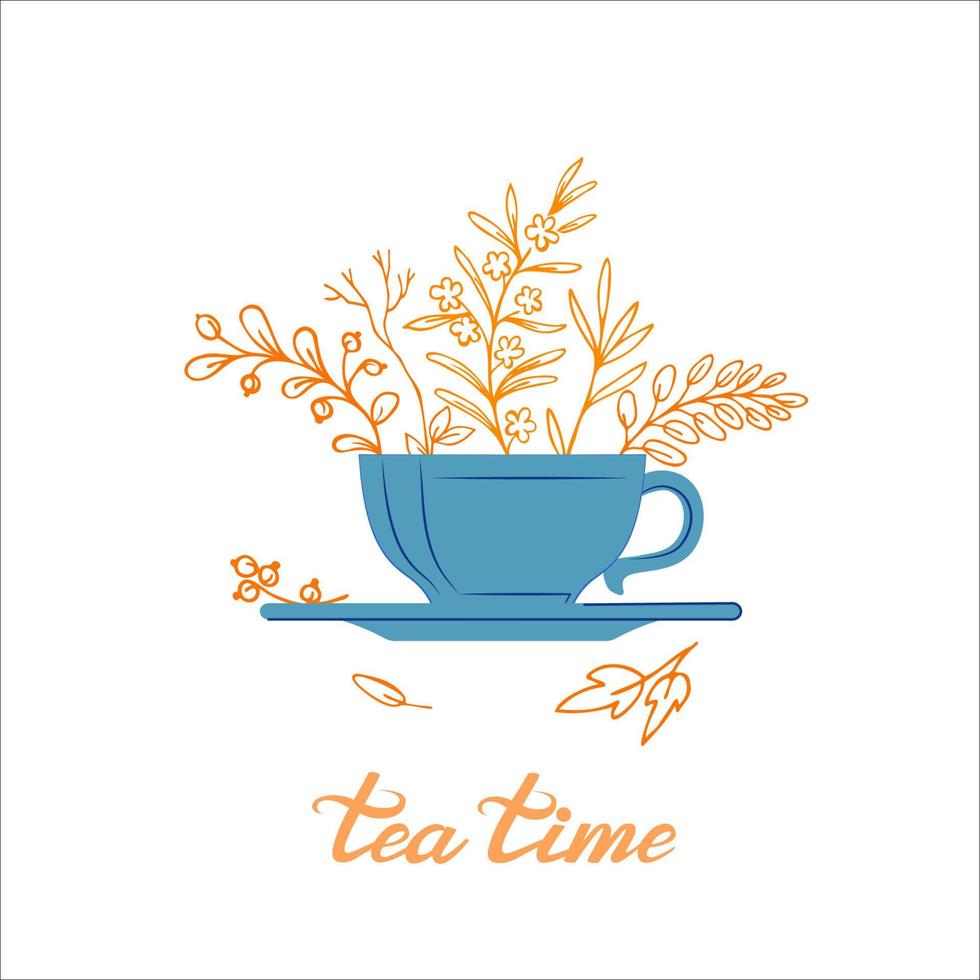 taza de té incompleta con hojas de otoño dentro y letras de la hora del té vector