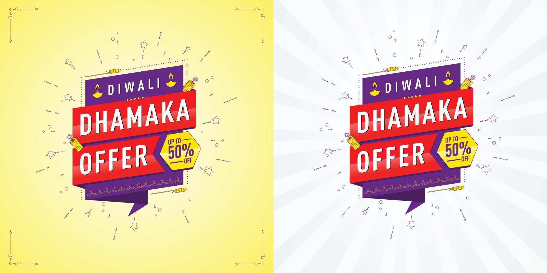 oferta de venta de diwali dhamaka, plantilla, pancarta, diseño de logotipo, icono, afiche, unidad, etiqueta, encabezado web, vector, ilustración, etiqueta, fondo de celebración de diwali vector