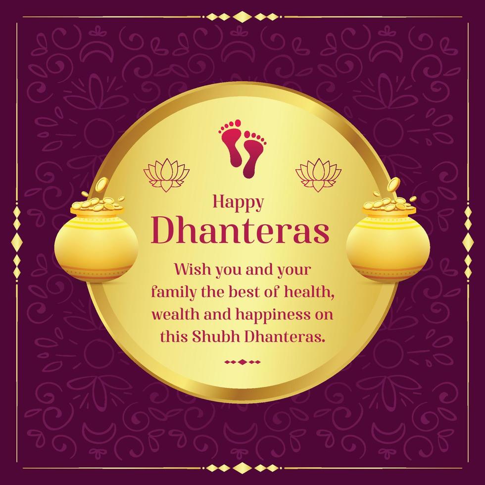 Gold coin in pot for Happy Dhanteras celebration on Happy Diwali light festival of India. Dhanteras greeting card. vector