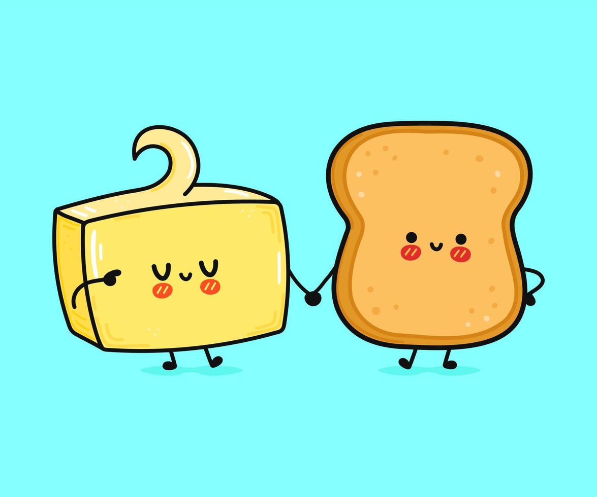 linda tarjeta feliz de tostadas y mantequilla. diseño de icono de ilustración de personaje de dibujos animados de estilo de fideos dibujado a mano vectorial. feliz tarjeta de concepto de amigos de pan y mantequilla vector