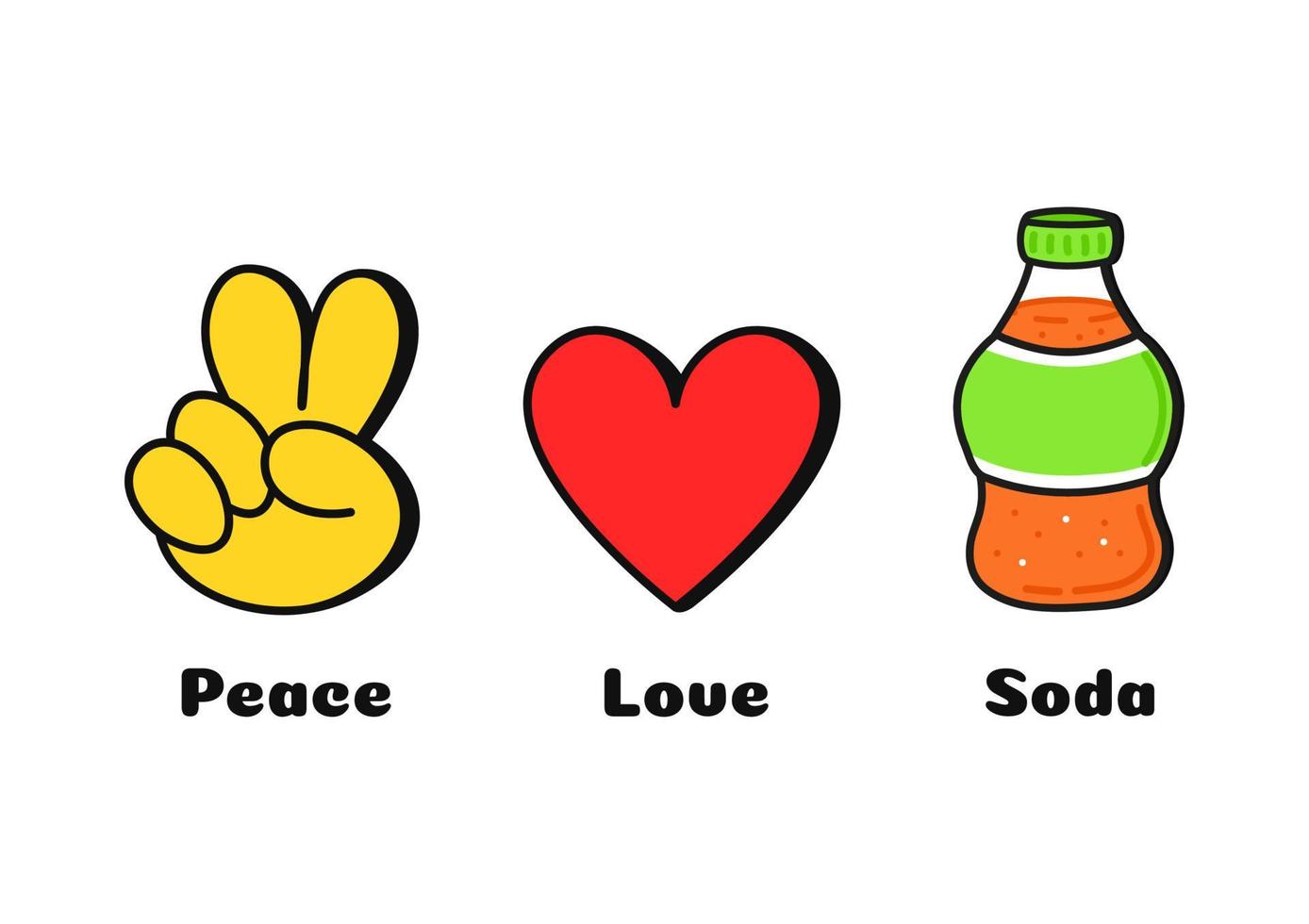 Peace, love, soda concept print for t-shirt.Vector cartoon doodle line graphic illustration logo design. Peace sign, heart, soda print for poster, t-shirt, logo concept vector