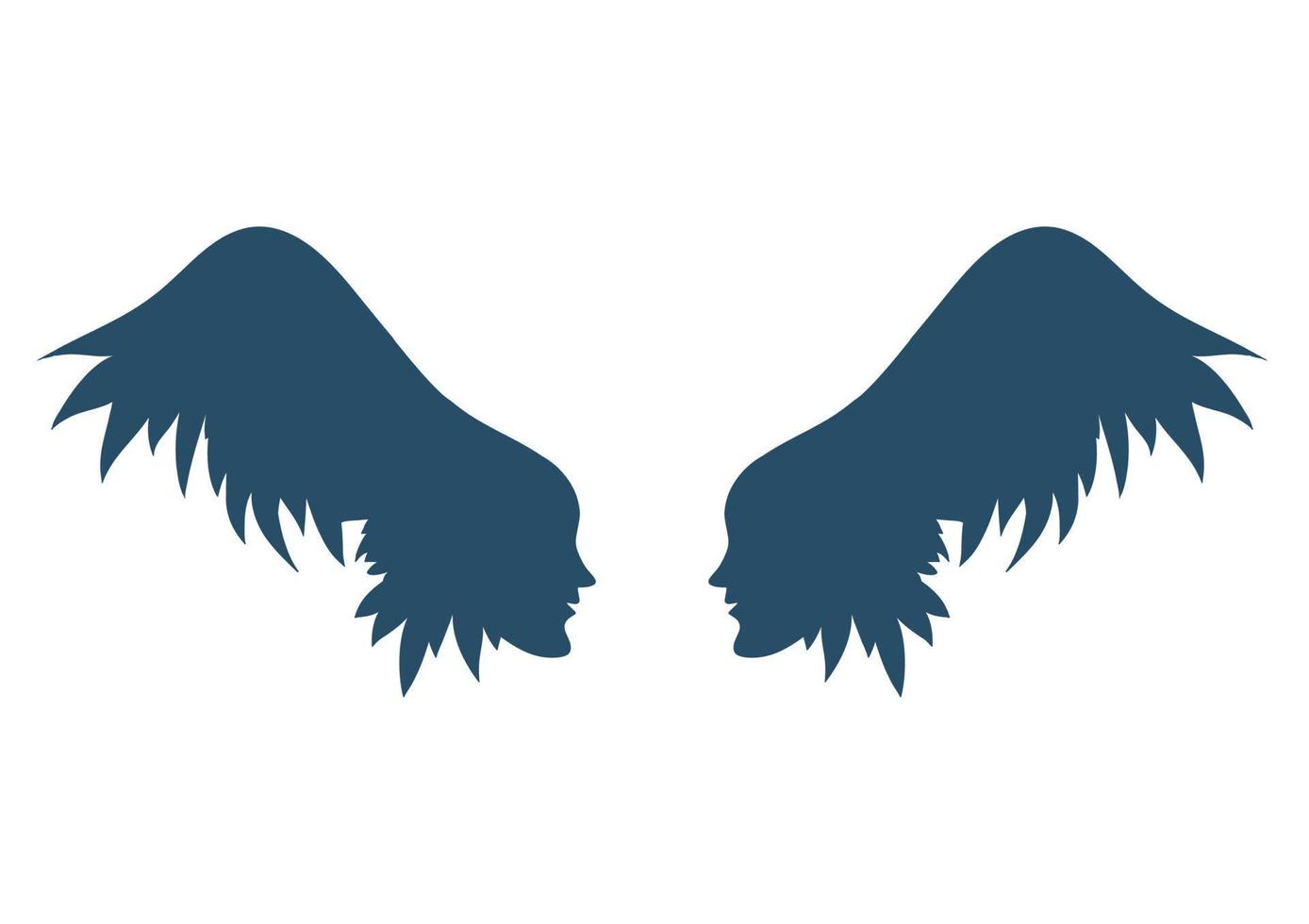 Two wings with girls' faces. Vector angel wings.