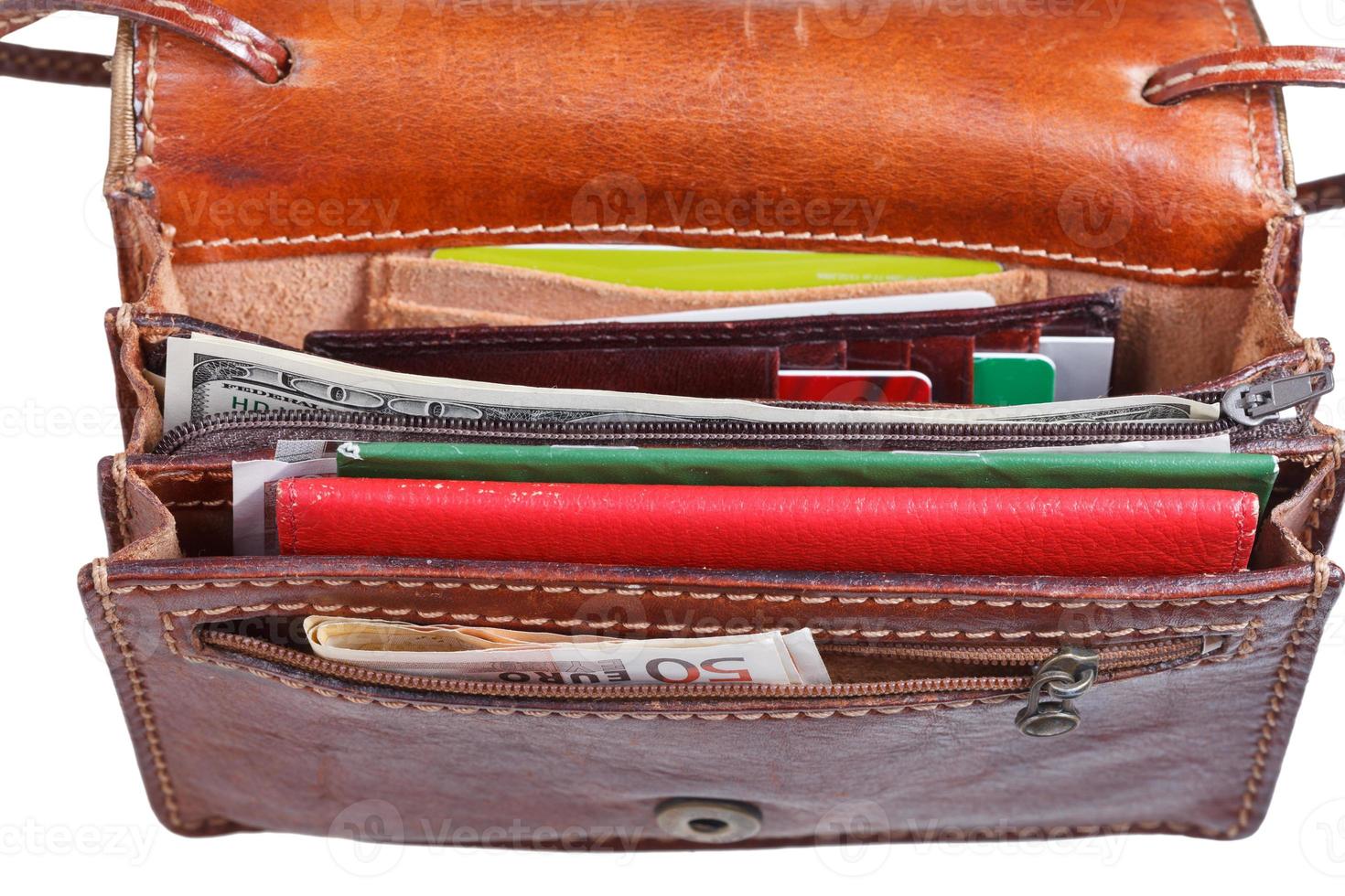 money, credit cards, pasport in ladies handbag photo