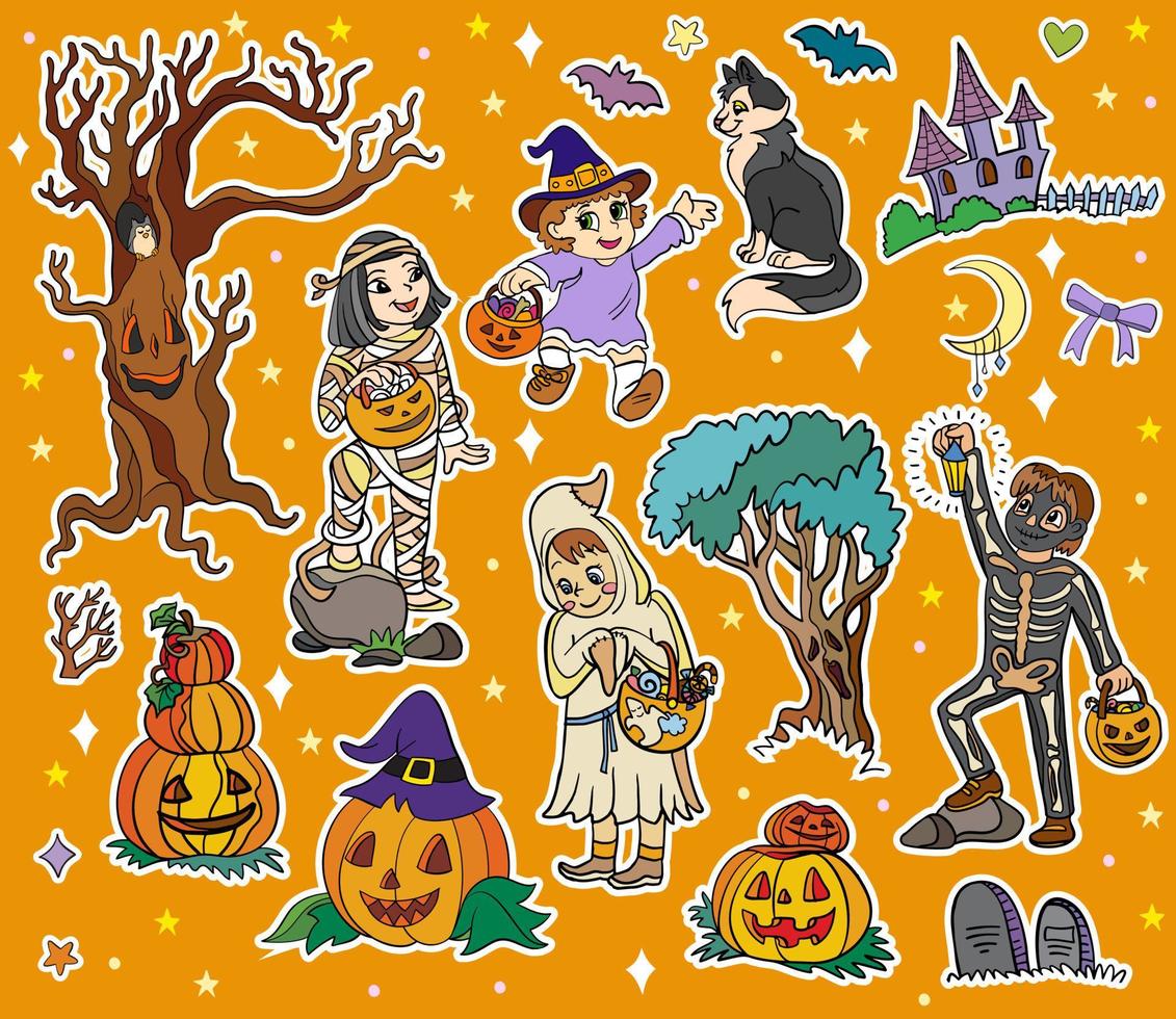 niños de halloween y elementos pegatina naranja conjunto ilustración vectorial vector