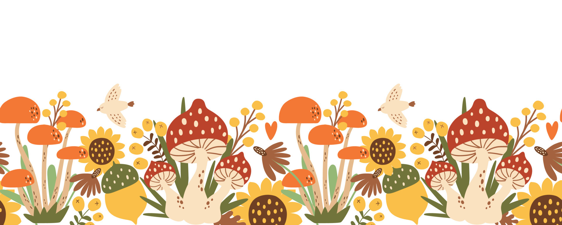 Fall mushroom seamless border Forest mushroom horizontal banner. Autumn