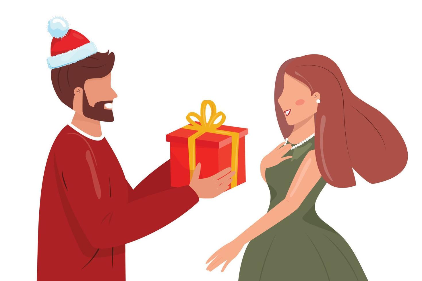 Christmas illustration with a happy, beautiful couple. Beautiful woman getting a Christmas gift from the man. vector