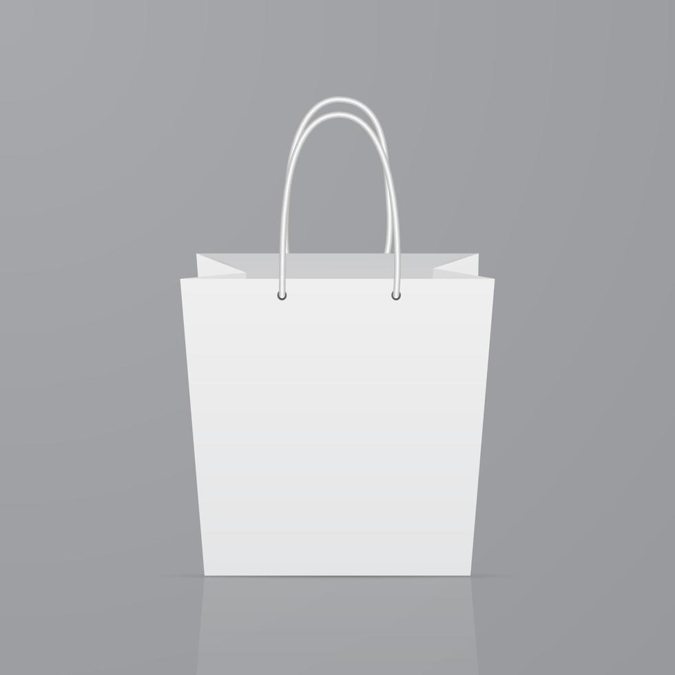 Front view of empty paper shopping bag on gray background. Realistic mockup template. Eco friendly package. vector illustration for advertising shops and markets.