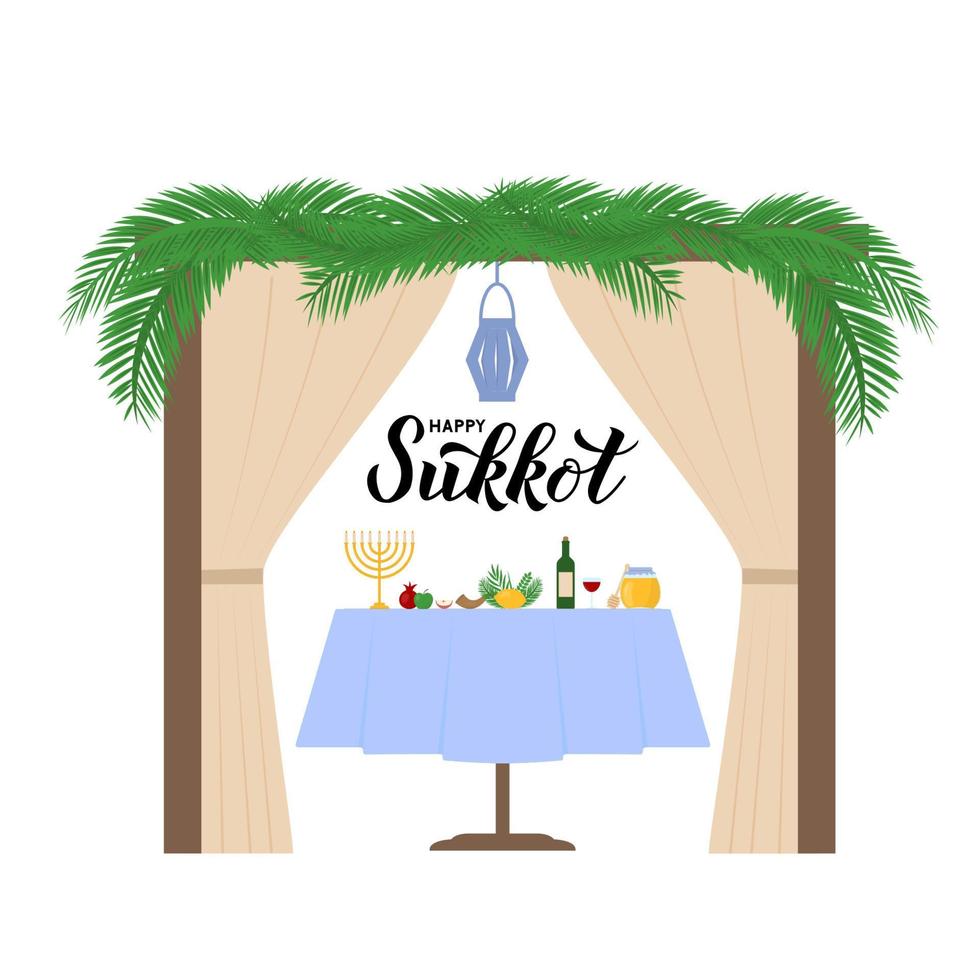 Sukkah with table, traditional Jewish symbols and lettering Happy Sukkot. Israel holiday typography poster. Vector template for banner, greeting card, postcard, etc.