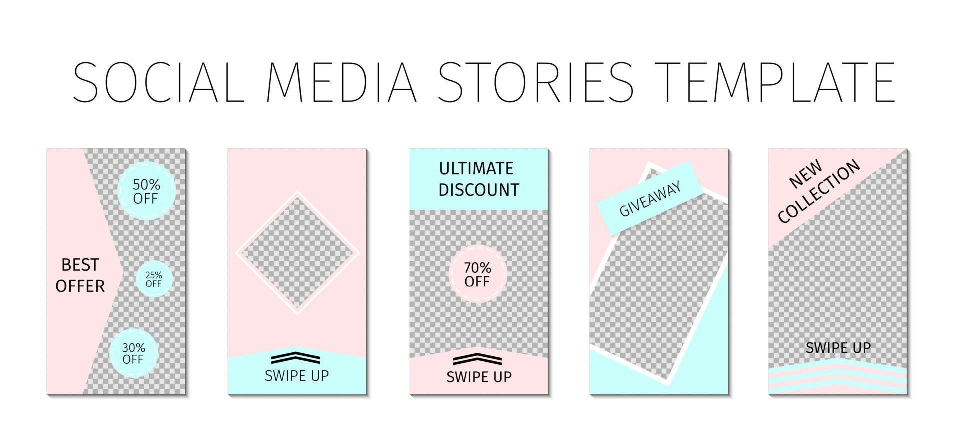 Social media stories template. Set of 5 layout for story for bloggers and SMM. Pink and blue pastel color palette. Easy to edit web banners for mobile application. vector