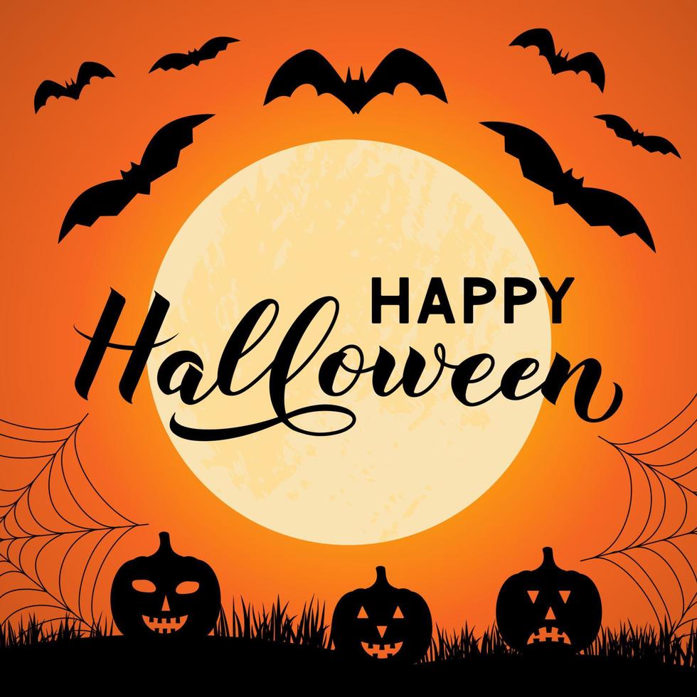 Halloween background with calligraphy hand lettering, moon, pumpkins and bats. Easy to edit vector template for greeting card, banner typography poster, party invitation, t-shirt, etc.