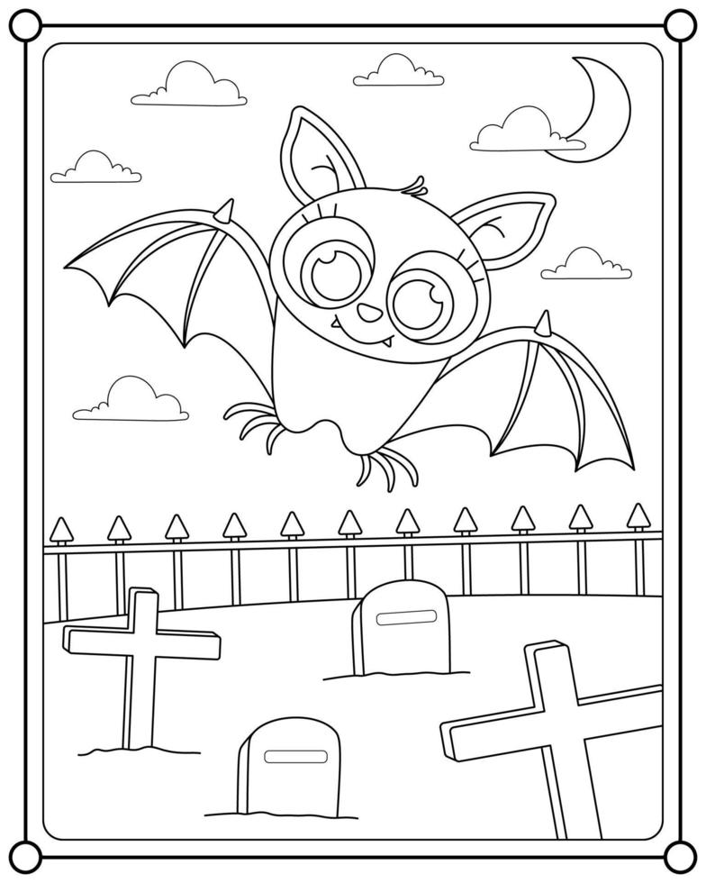 lindos murciélagos volando en el cementerio adecuado para la ilustración vectorial de la página de color de los niños vector