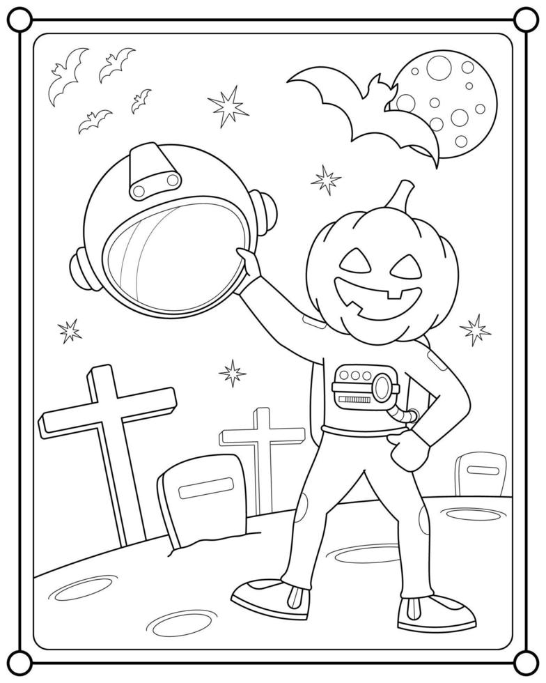 Astronaut wearing pumpkin mask in space grave suitable for children's coloring page vector illustration