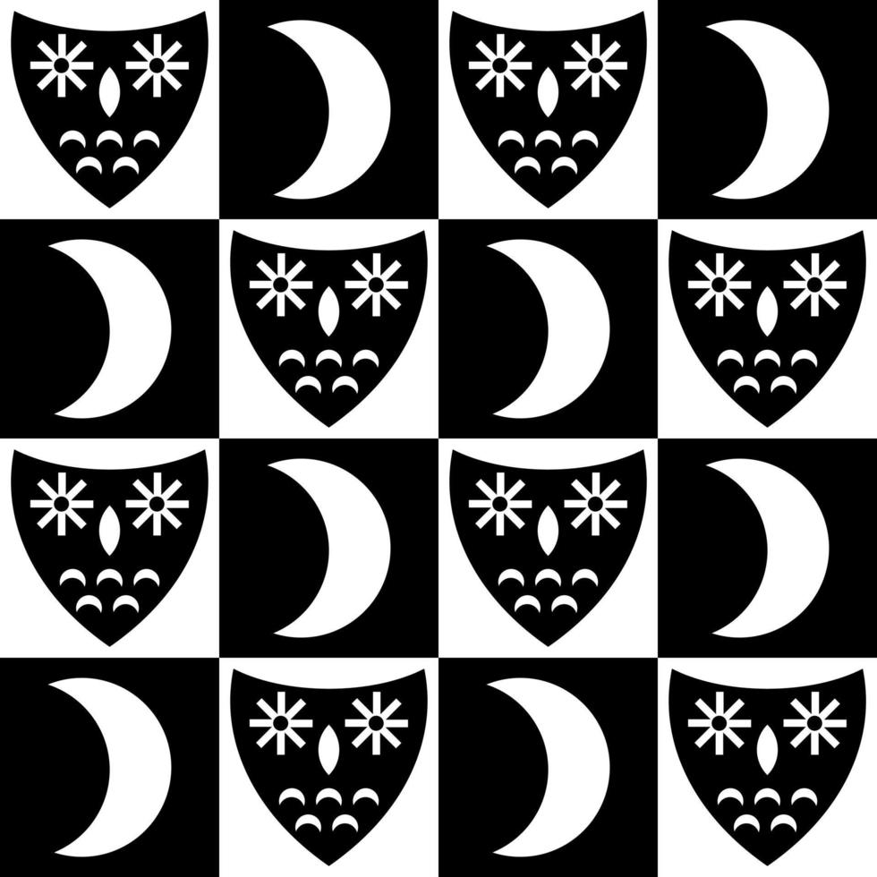 Monochrome night seamless pattern with owls and moon in retro swiss style. vector