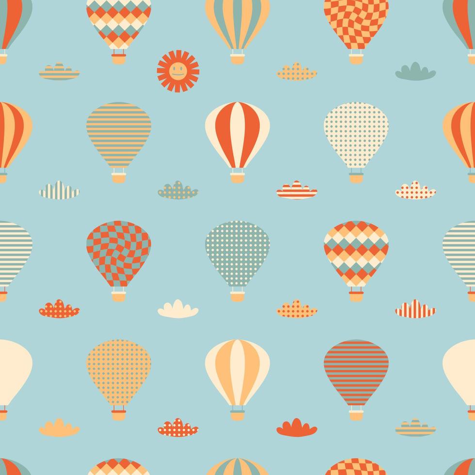 Retro seamless pattern with hot air balloons, clouds and sun. vector