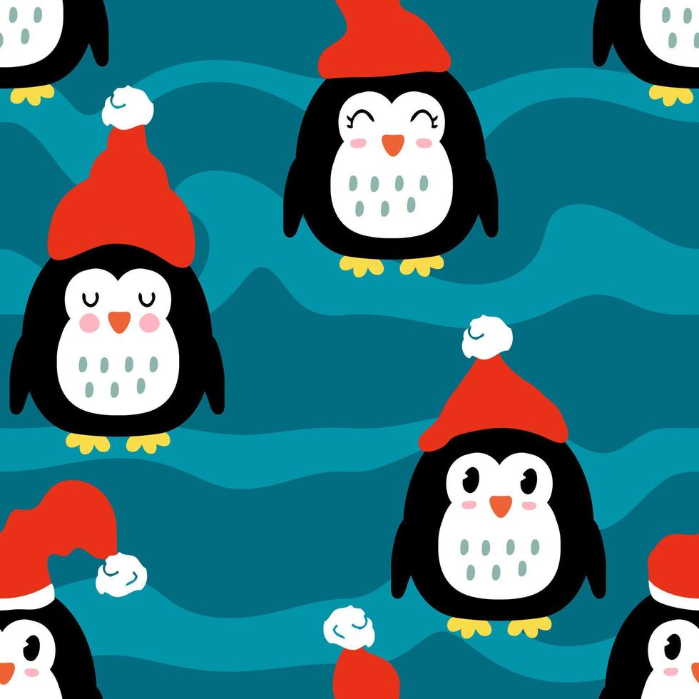 Winter penguins in hats on wavy background seamless pattern. vector