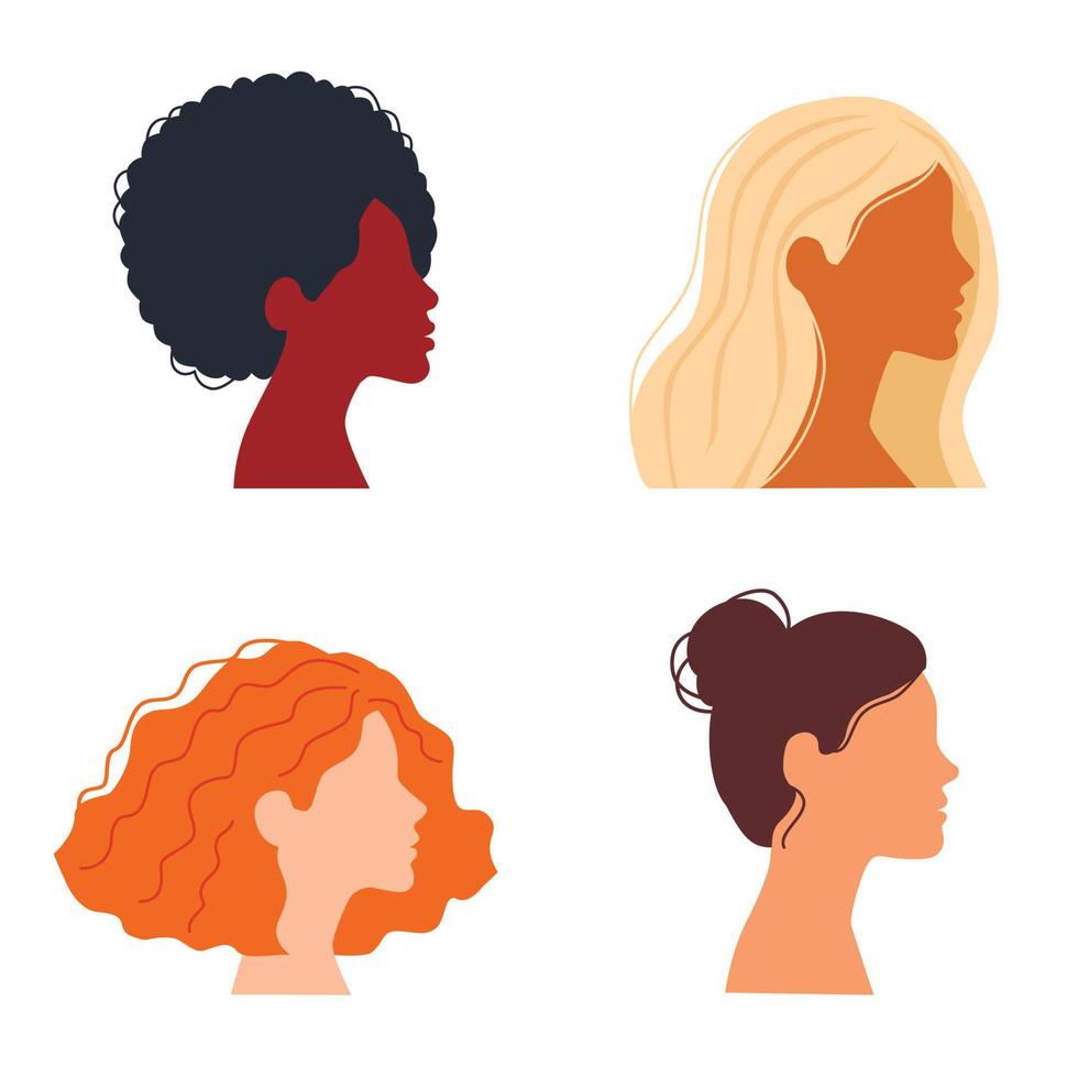 rostros femeninos de perfil diverso, diferente etnia y peinado. movimiento de empoderamiento de la mujer. vector