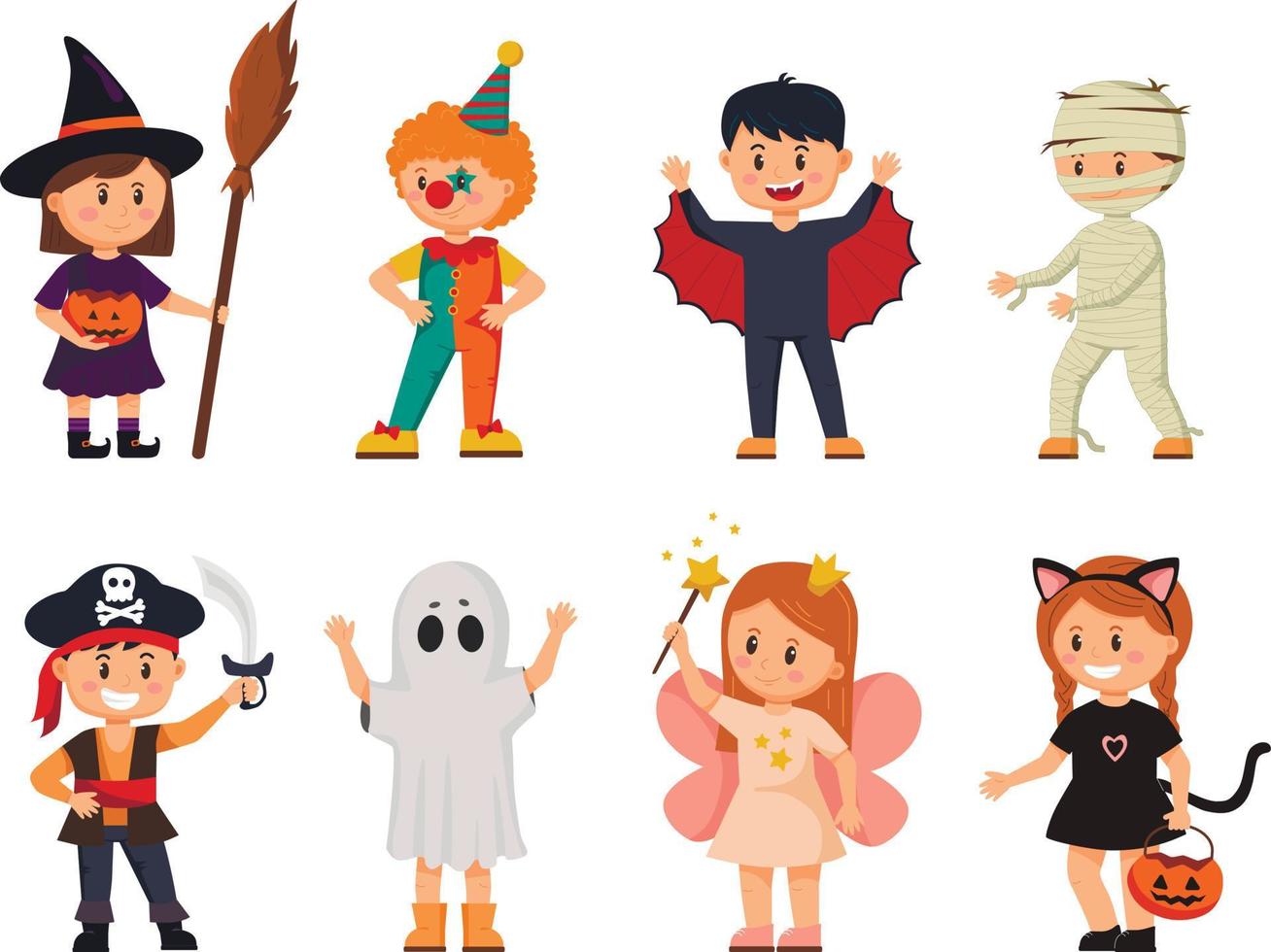 conjunto de niños disfrazados para halloween. colección de niños de dibujos  animados en disfraces de carnaval. ilustración vectorial de trajes místicos  para halloween. 12043288 Vector en Vecteezy
