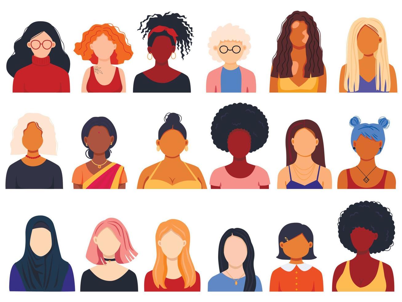 Female diverse faces, different ethnicity and hairstyle. Woman empowerment movement. Indian, african girls, muslim in hijab vector