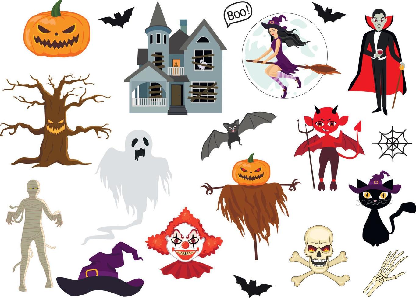 establecer ilustración vectorial de divertidos elementos de diseño de truco o trato de Halloween, como murciélagos, calabazas, gatos y más. perfecto para invitaciones, diseño infantil y embalaje. vector