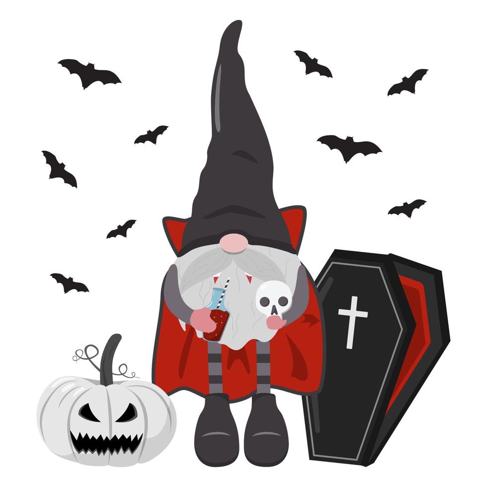 Cute Scandinavian gnome character in Halloween vampire costume, funny character on white background. Cute cartoon illustration vector