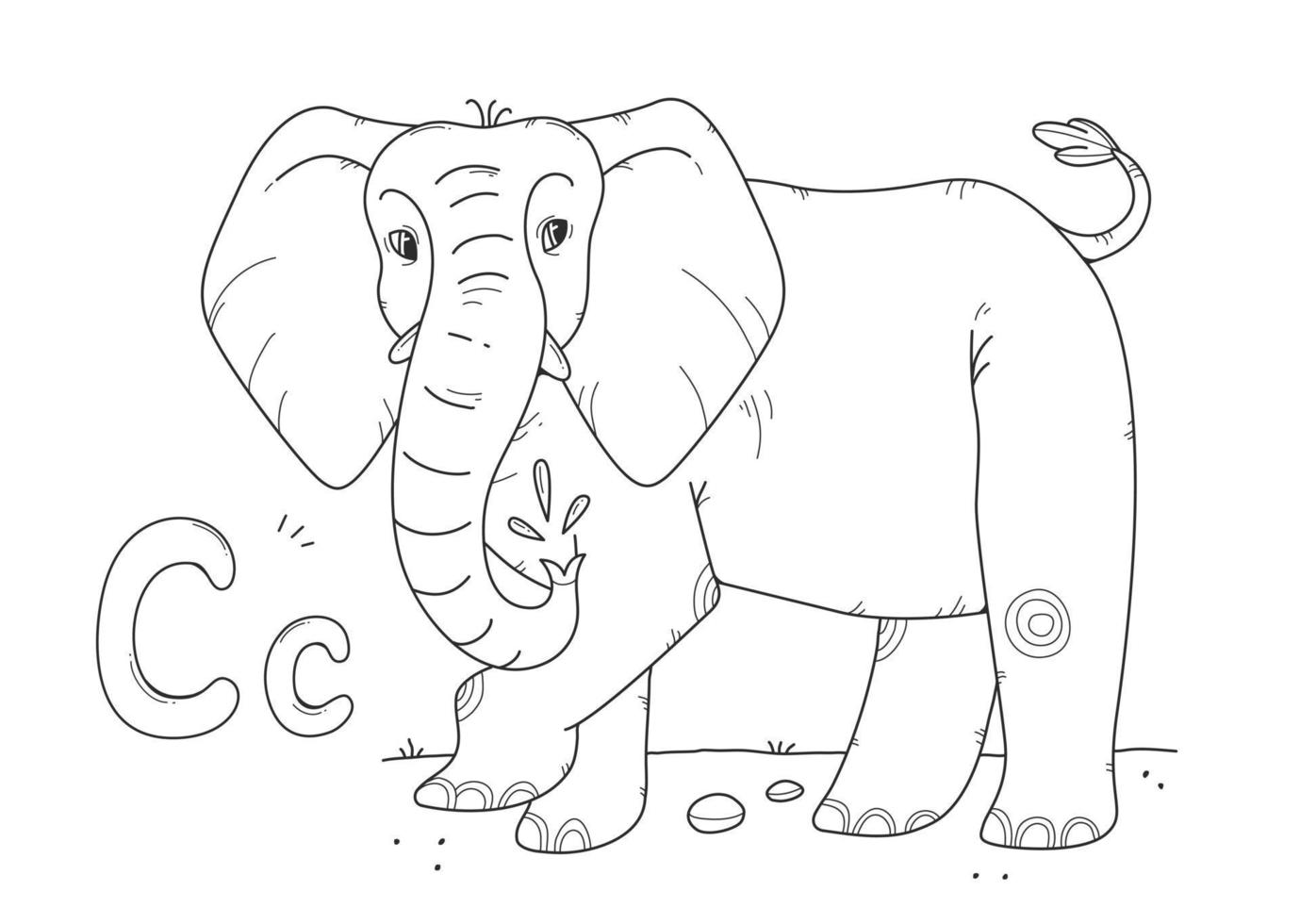 libro para colorear elefante con letras grandes y pequeñas rusas c. Alfabeto de la página para colorear de los niños. ilustración lineal vectorial con un animal. vector