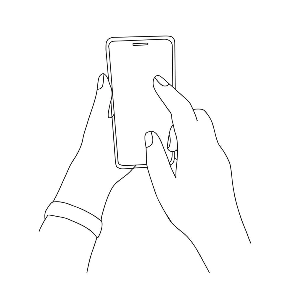 Hands holding smartphone and finger touches screen. Vector illustration in simple minimalist sketch hand drawn outline style isolated on white background.