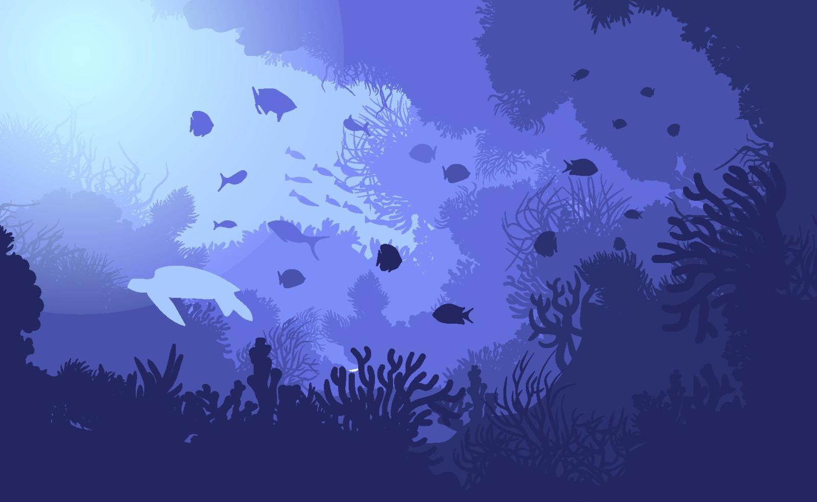 Under the sea background. Marine Life Landscape. Ocean underwater world. Ocean nature inhabitants. Silhouette ocean bottom. Marine underwater life. Sea, seascape, seafloor, undersea background. Vector