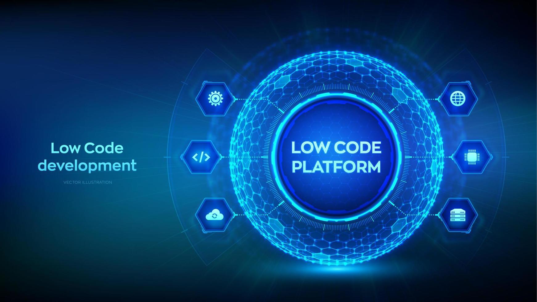 Low code platform. Low code development technology concept. LCDP easy coding. Hexagonal grid sphere on blue background. Vector illustration.