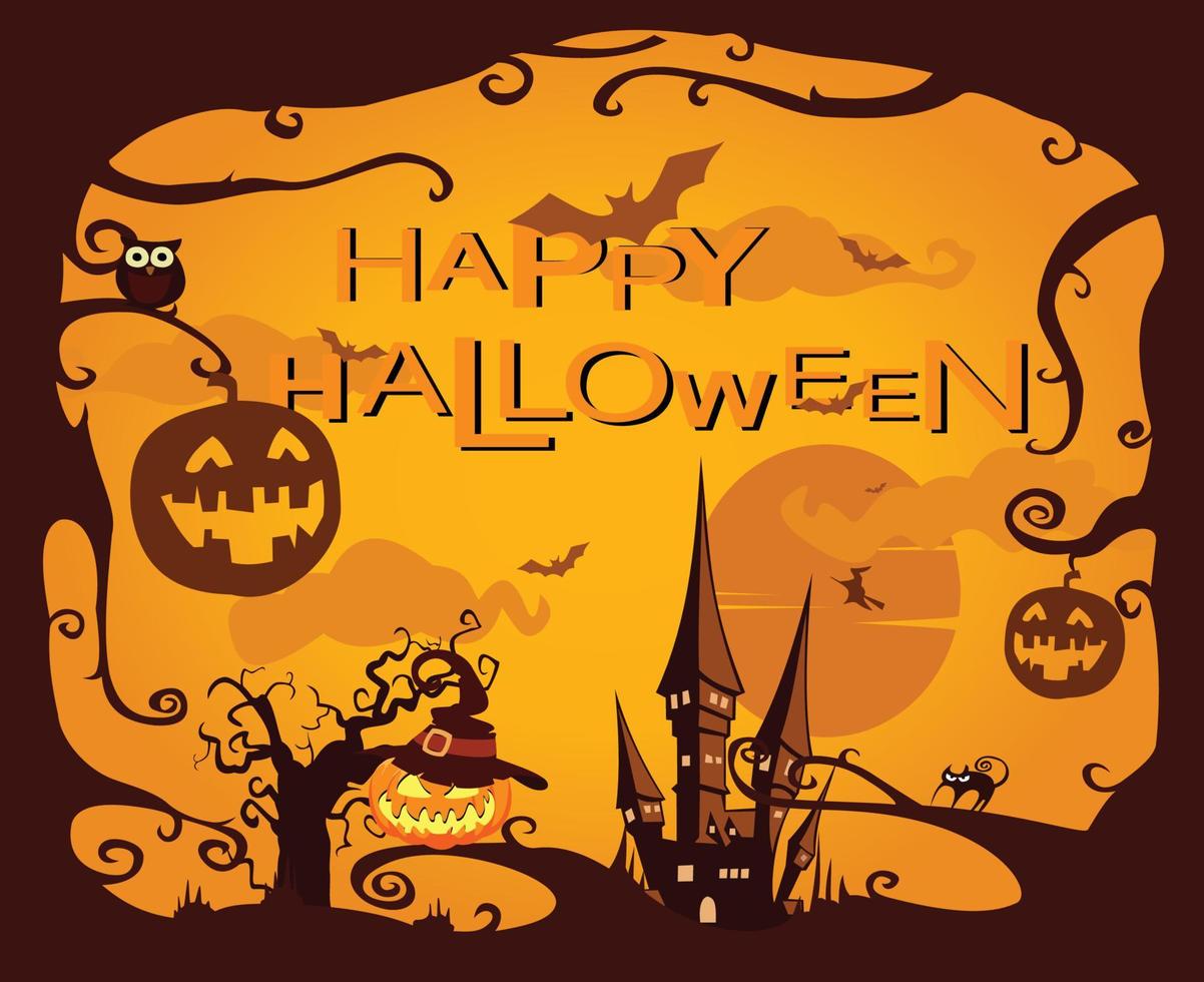 halloween theme background with pumpkin jack o lantern, owl, old castle, old tree vector