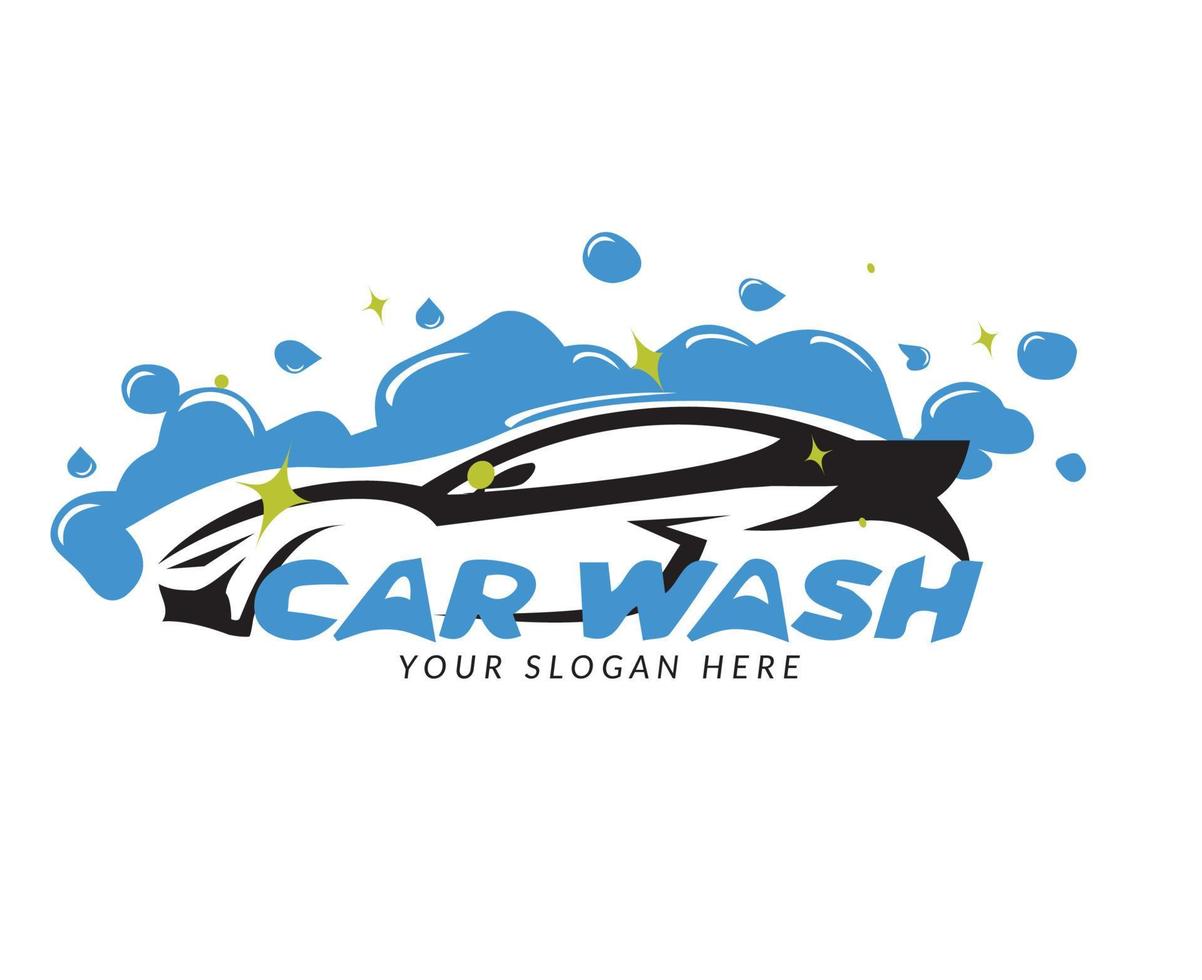 car wash logo vector with sports car icon and soap foam