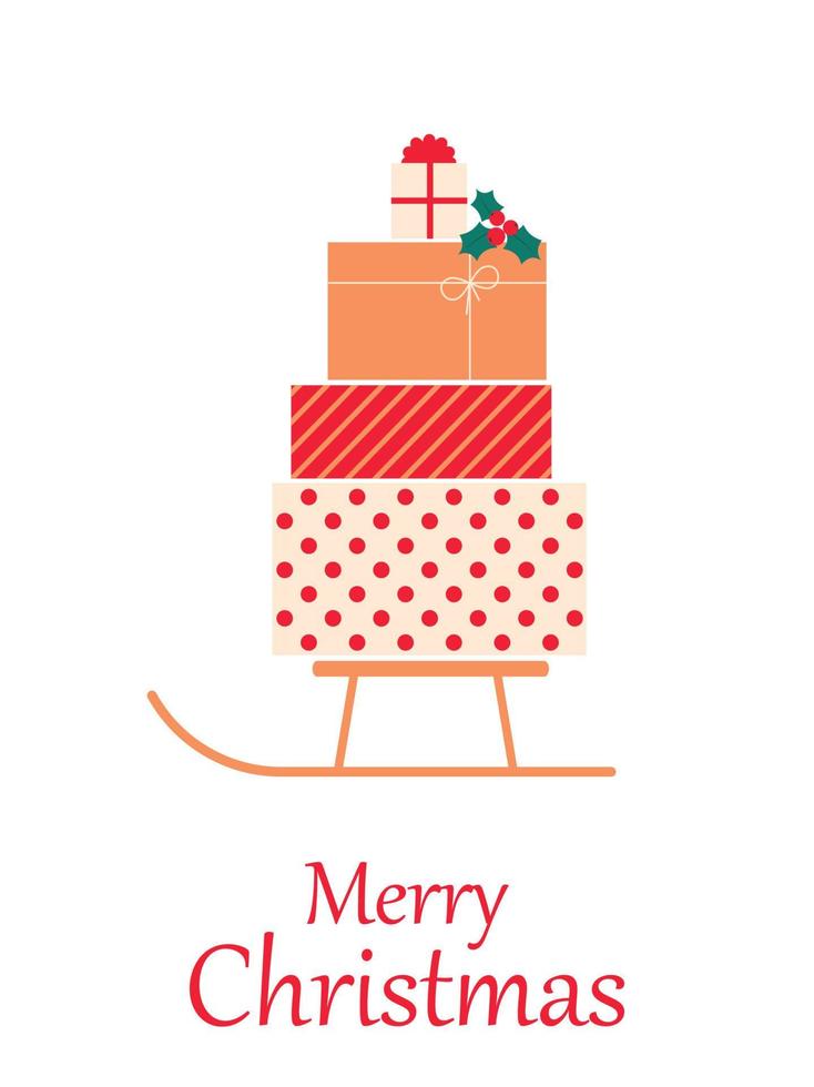 Merry Christmas card. Vector illustration in a minimalistic style. Christmas card gifts on sledges