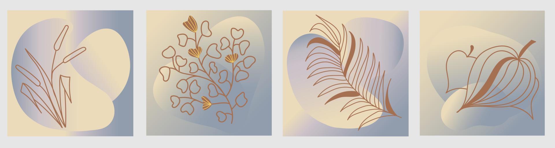 Set of posters with abstract shapes and tropical leaves. vector