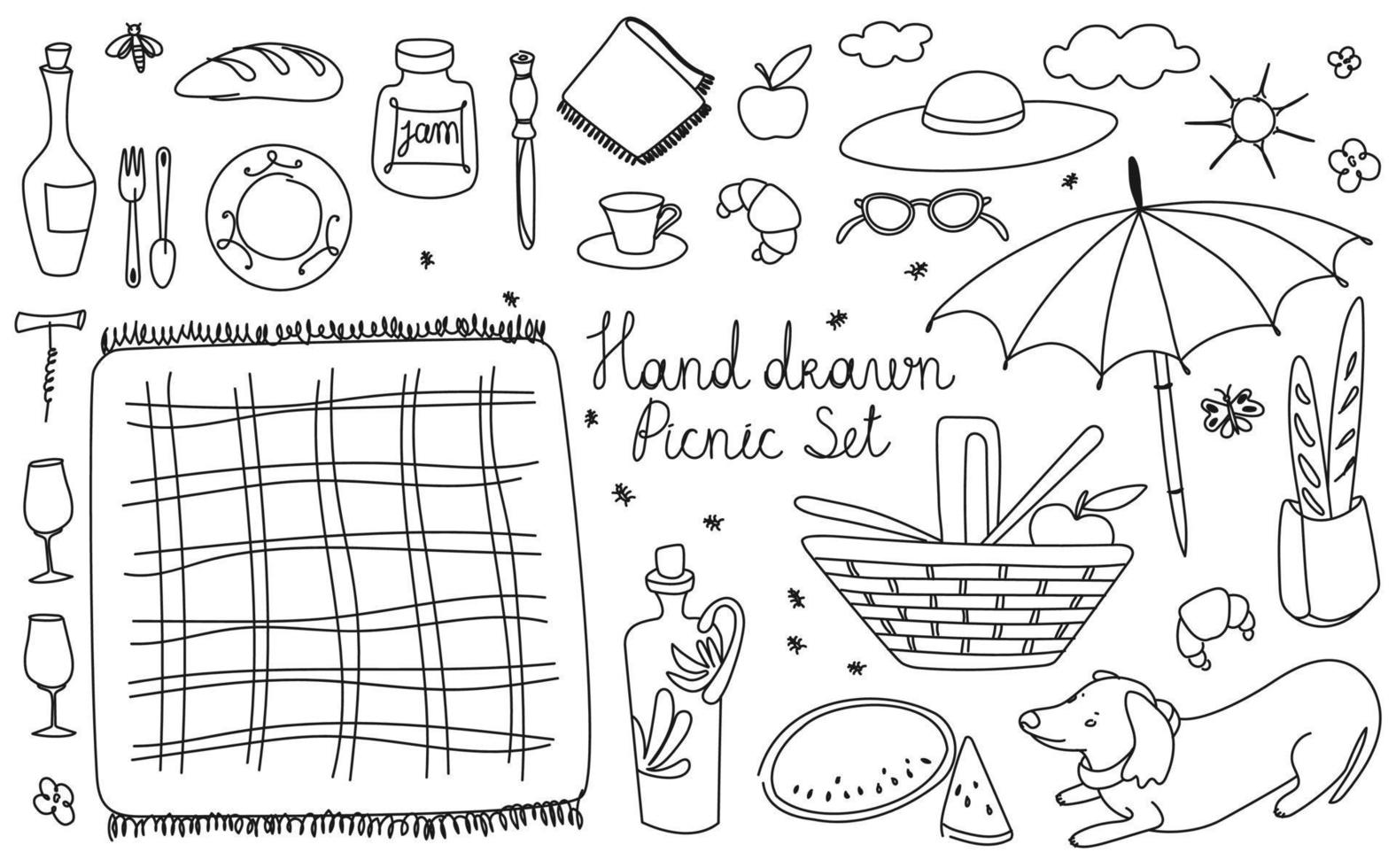 Vector summer illustrations and design element - a simple and doodle set of objects and monochrome symbols for a picnic.