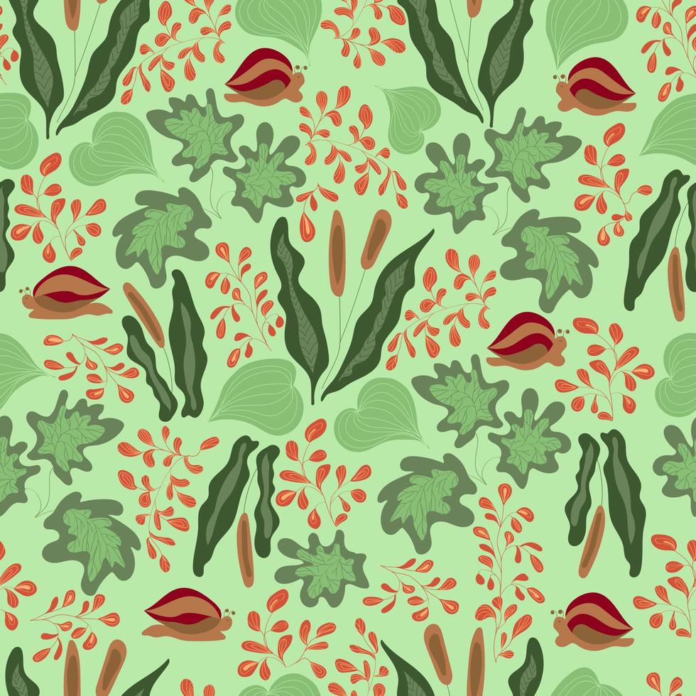 Seamless pattern with tropical plants and leaves, snails. vector