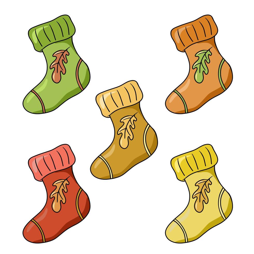 A set of colored icons, Bright warm autumn knitted socks with a pattern, vector illustration in cartoon style on a white background