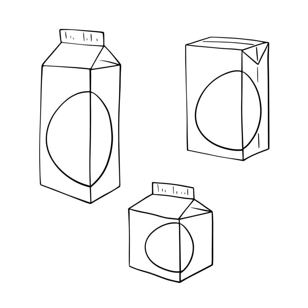 Monochrome set of icons, square packaging of milk, kefir, a place to copy, vector in cartoon style on a white background