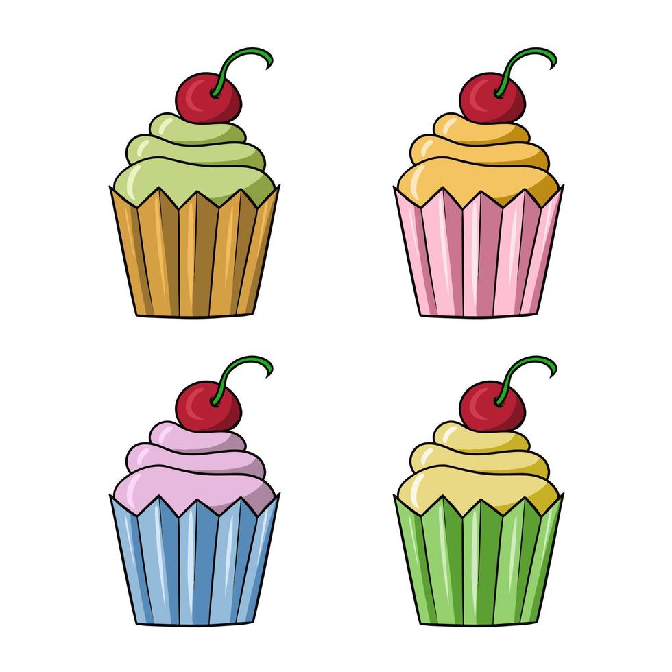 A set of colored icons, colorful delicious cupcakes with delicate fruit cream and cherries, vector illustration in cartoon style on a white background