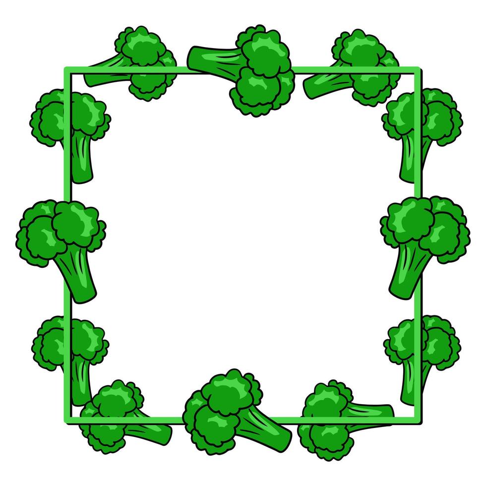 Square frame, bright green ripe pieces of broccoli, copy space, vector illustration in cartoon style on a white background