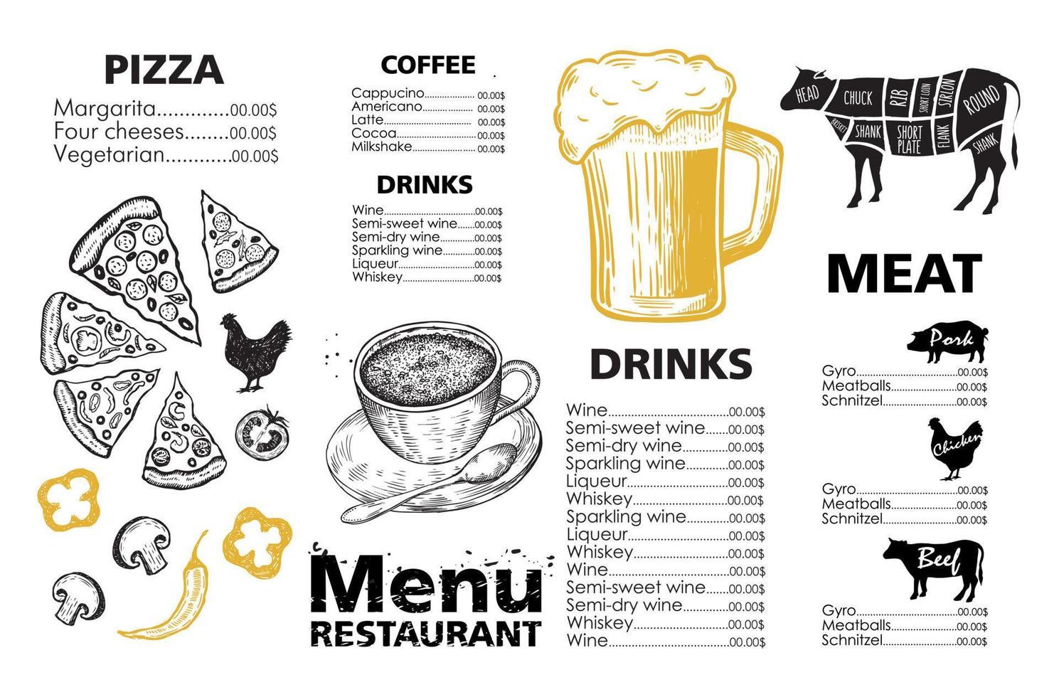 Menu template design for restaurant, sketch illustration. Vector. vector