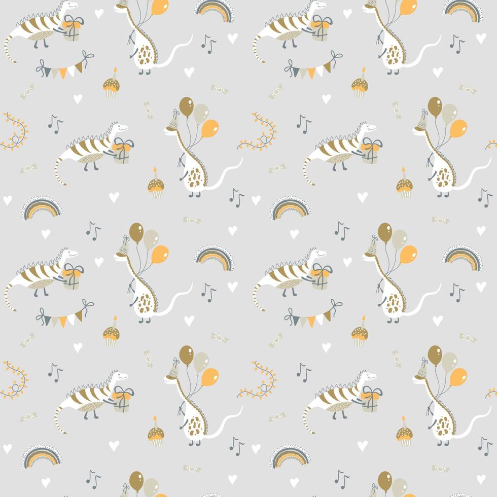 Cute holidays seamless pattern with dinos. Abstract print for kids party and baby shower. Vector background for decorating nursery, fabric, wrapping paper, scrapbook.