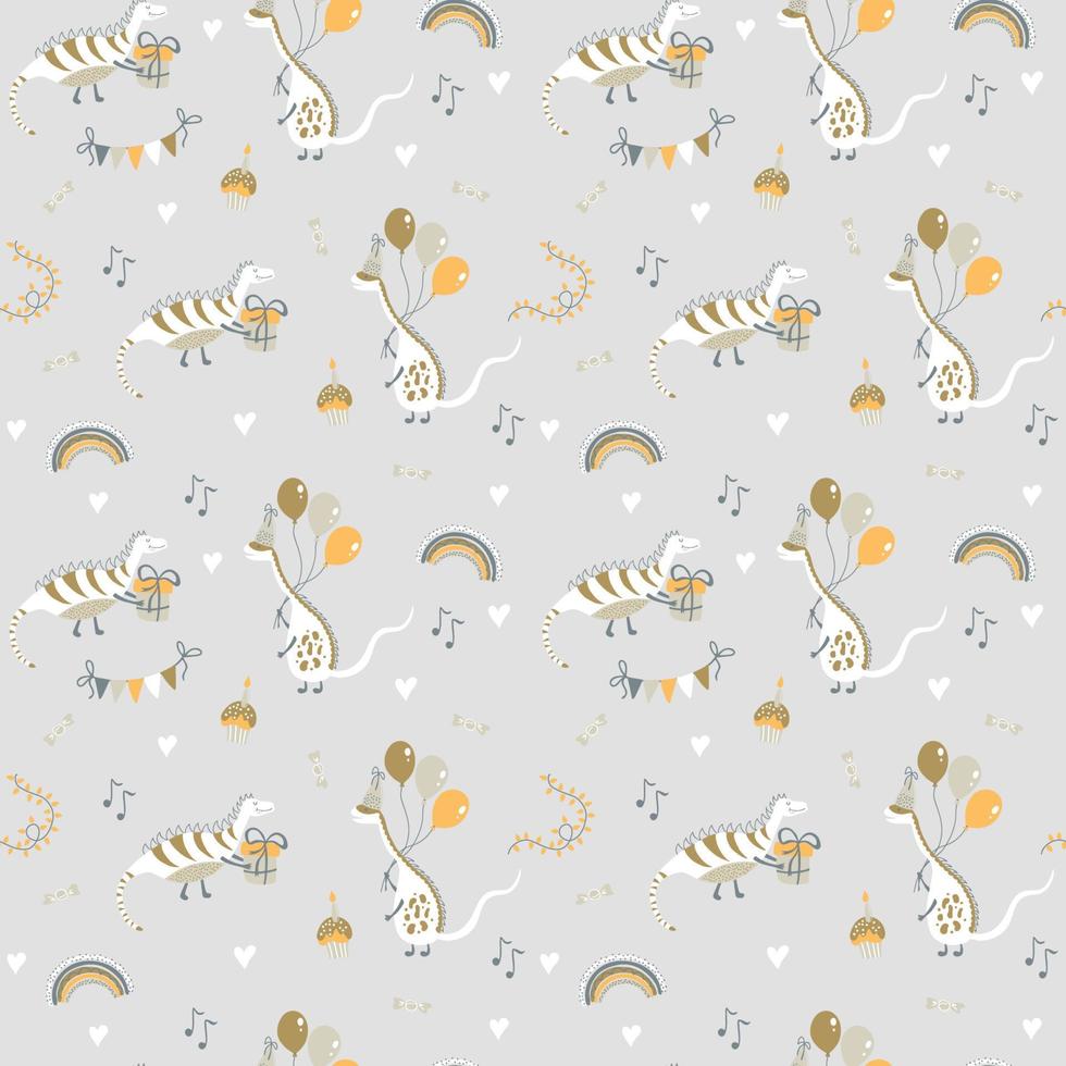 Cute holidays seamless pattern with dinos. Abstract print for kids party and baby shower. Vector background for decorating nursery, fabric, wrapping paper, scrapbook.