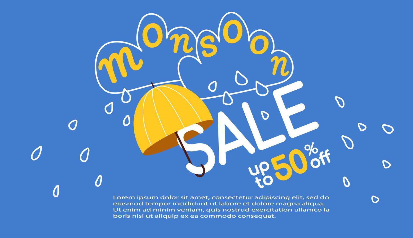 Monsoon sale background vector illustration with umbrella and clouds